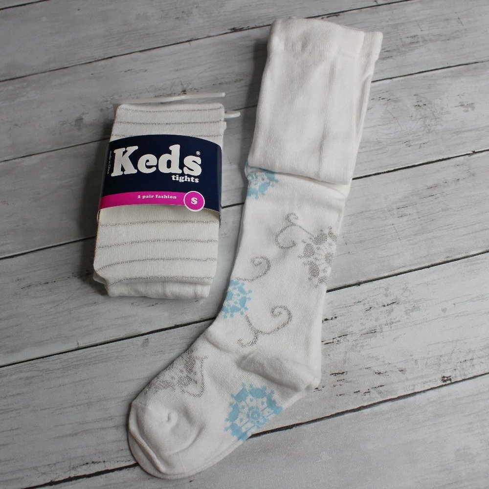 Keds Girl's Tights Youth Size 4-6 White Blue Silver Snowflakes